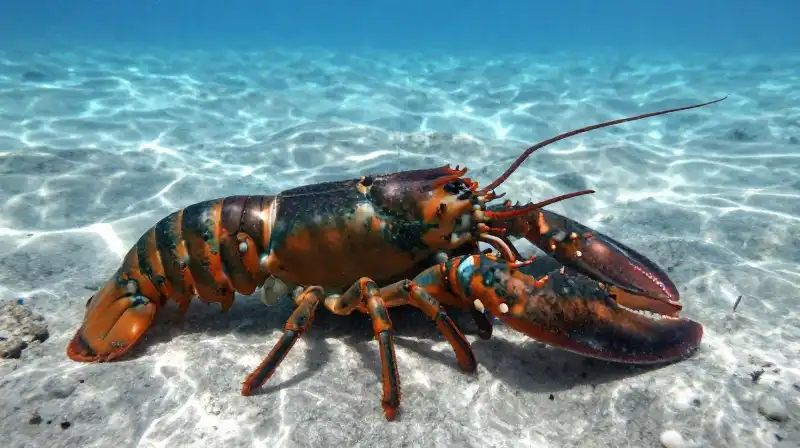 A lobsters anatomy is split between shell and meat underwater