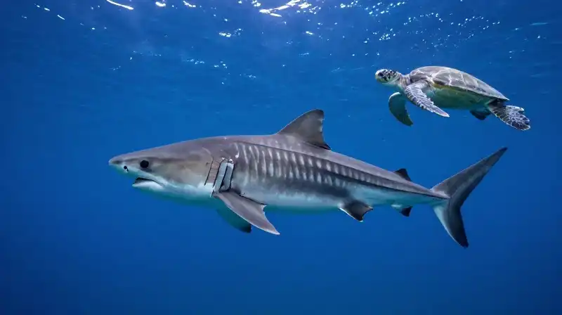 A massive striped tiger shark swims near a floating turtle