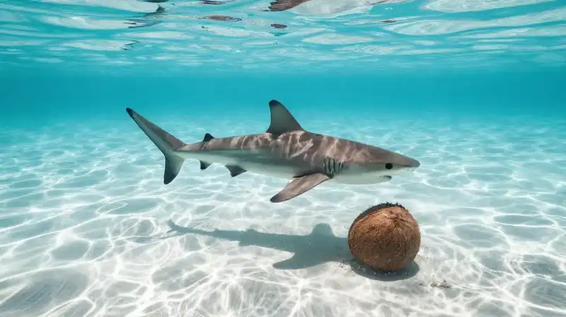 A shark swims through shimmering turquoise tropical ocean water