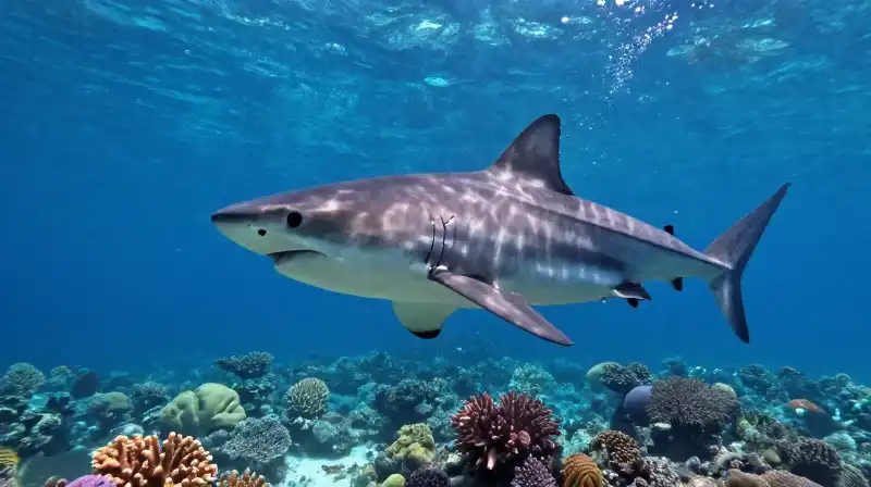 A majestic great white shark swims through a vibrant reef