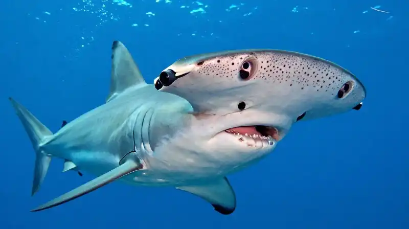 A close-up of a hammerhead sharks sensory-pored snout underwater