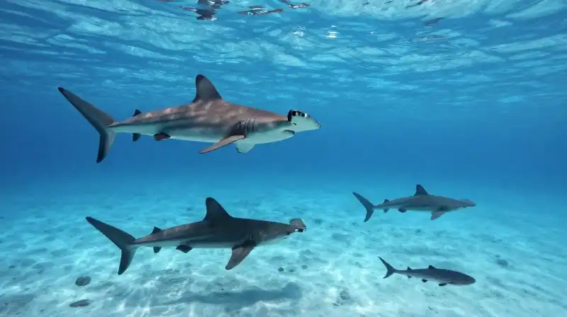 Diverse hammerhead sharks swim through sunlit, crystal clear tropical waters