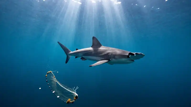 A hammerhead shark swims near ghost nets in murky water