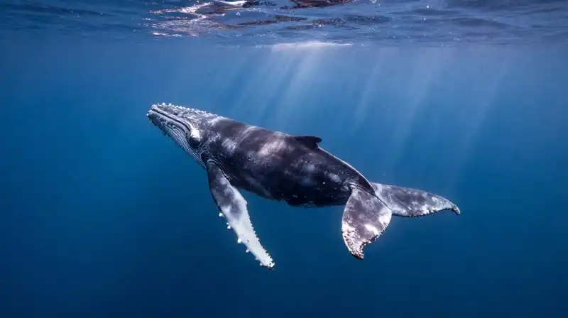 A humpback whale swims through sunlit, deep blue ocean water