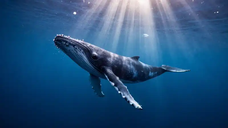 A majestic humpback whale sings amidst swirling bubbles and light