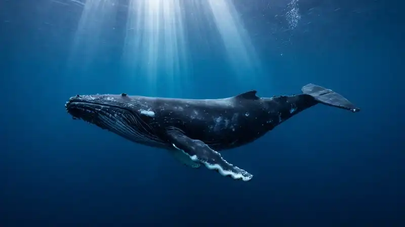 A whale silhouette glides through deep, glowing blue waters