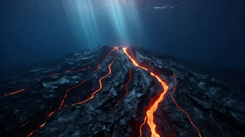 Glowing magma rises from fissures in a deep ocean abyss