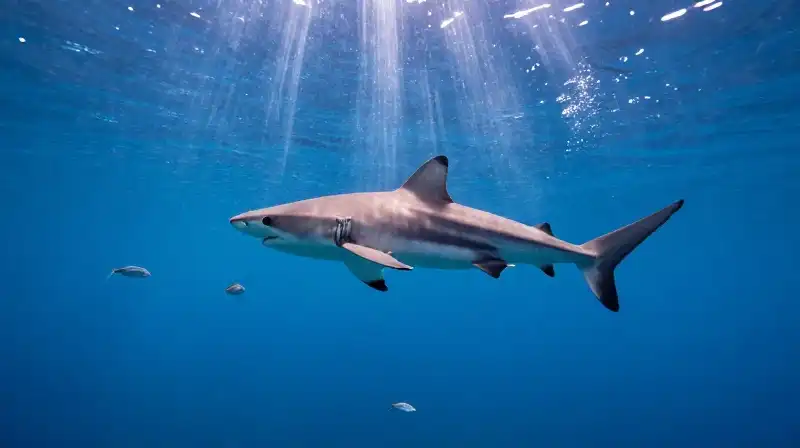 A graceful shark swims through sunlit, deep blue waters
