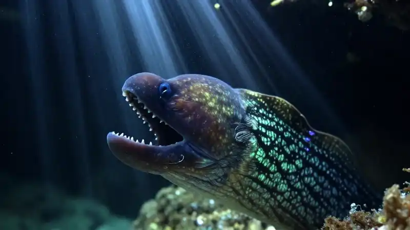 A glowing gulper eel swims through a dark abyss