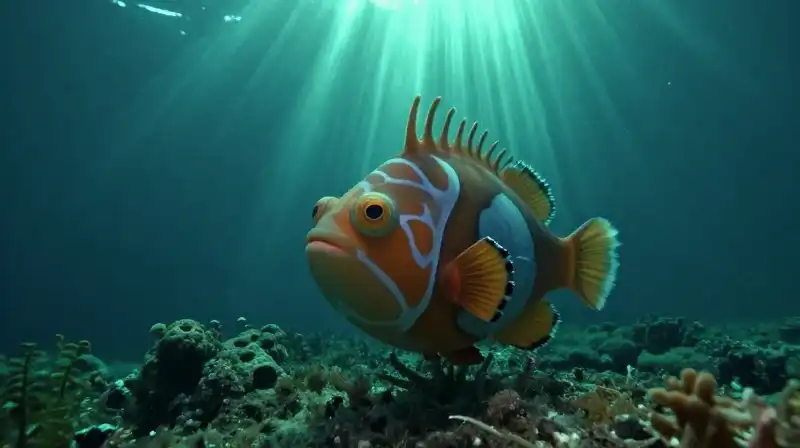 A realistic blobfish rests on the dark ocean floor