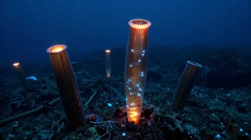 Giant tube worms glow near chimneys on the deep seafloor