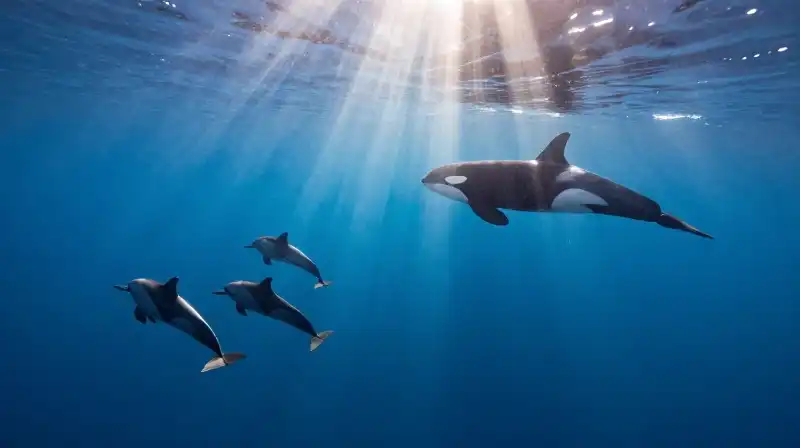Diverse dolphins swim near a large orca in sunny waters