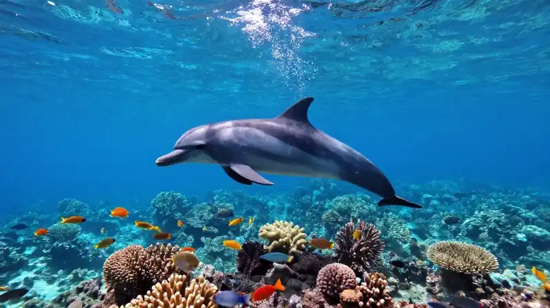 An intelligent dolphin swims through a vibrant, sun-drenched coral reef