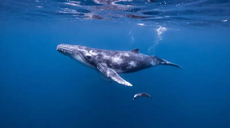 A mother gray whale and calf swim through deep blue