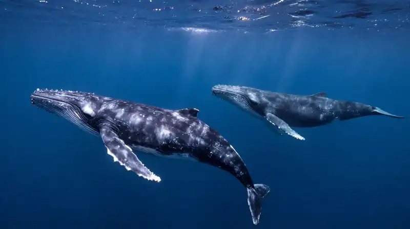 A massive gray whale swims beside a smaller humpback