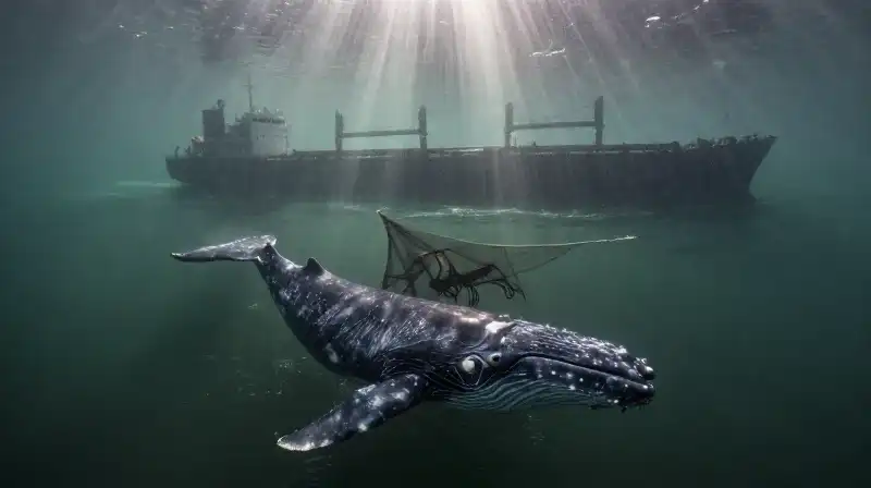 A gray whale swims near a massive cargo ship silhouette