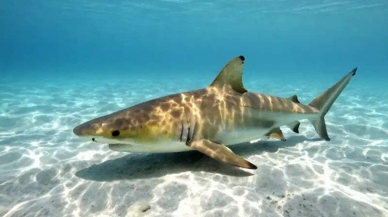 A yellowish-brown lemon shark camouflages against a sandy seafloor