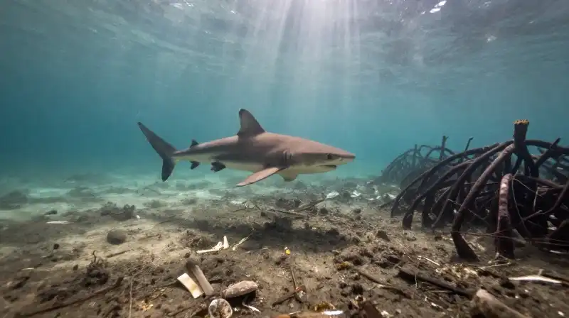 A lone lemon shark swims through murky mangrove roots