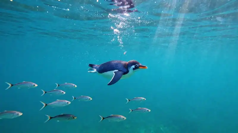 A tiny blue penguin swims among anchovies and squid