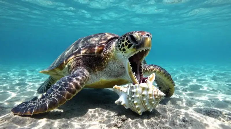 A massive loggerhead turtle crushes a seashell underwater