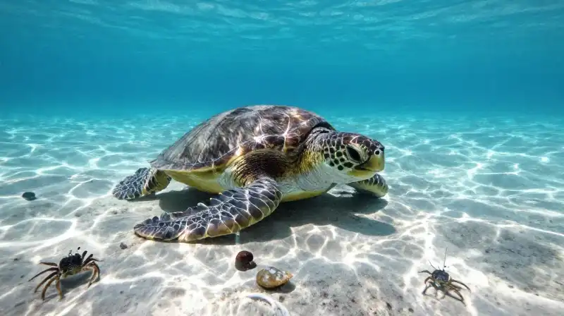 A loggerhead turtle cracks shells on a sunny seabed