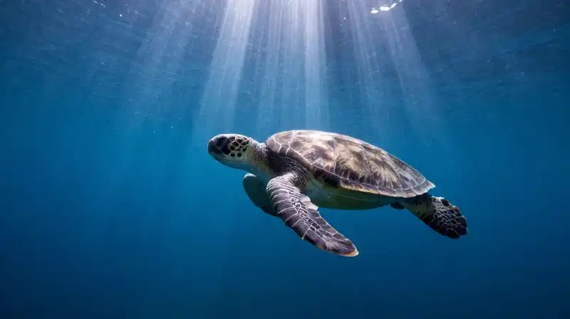 A majestic loggerhead sea turtle swims through deep blue water