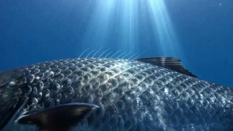Detailed fish scales and seal whiskers in deep blue water