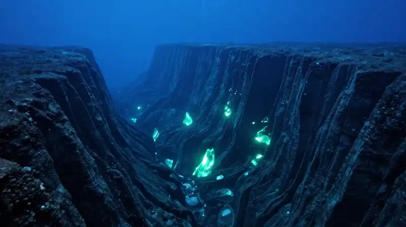 A glowing, massive mountain range sinks into a deep trench