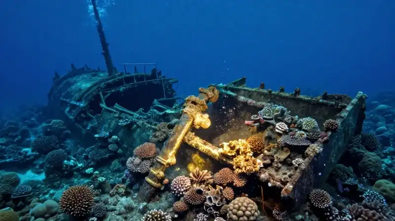 An ancient shipwreck rests amidst vast, shimmering coral reefs