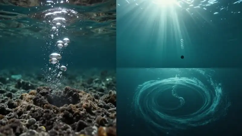 Marine life swims through bubbling, swirling deep teal currents
