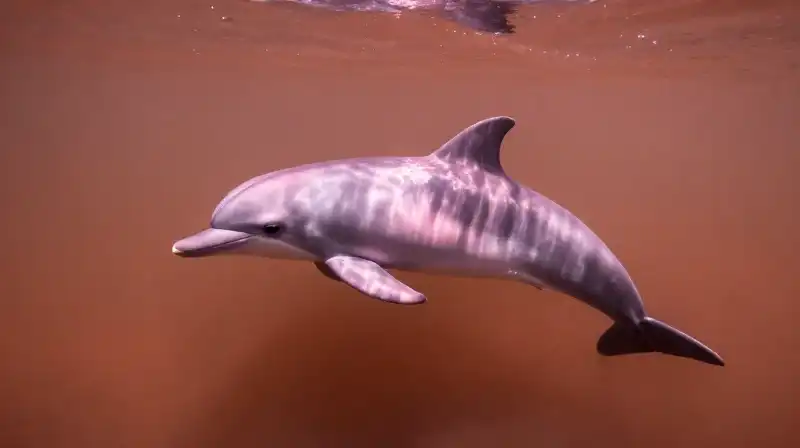 A pink dolphin swims through murky, sun-dappled reddish river water