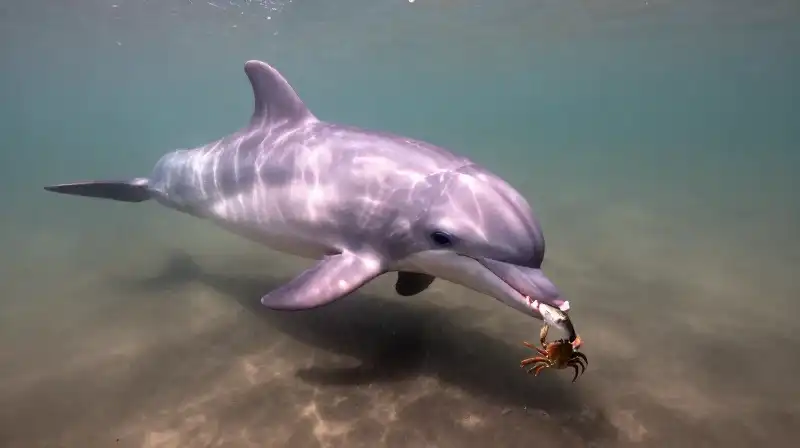 A pink dolphin hunts fish and crabs in murky water