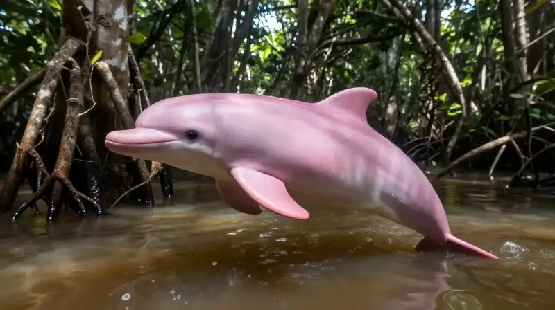A pink dolphin swims through murky, root-filled Amazonian waters