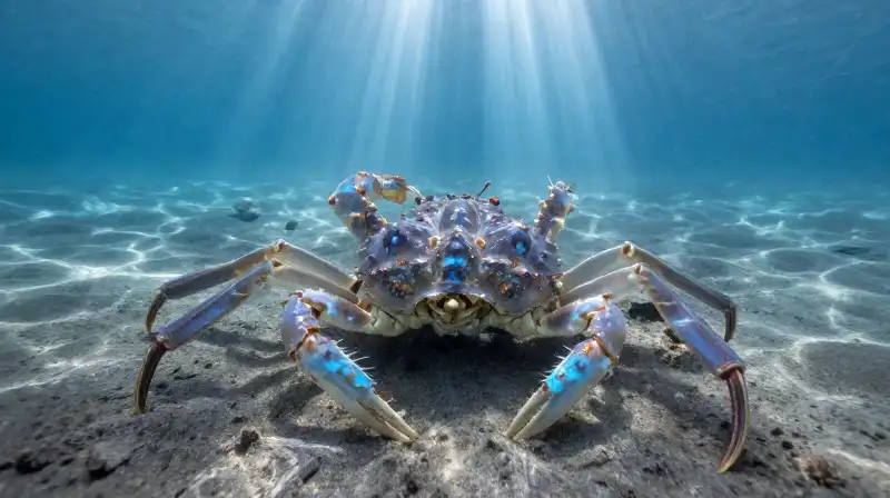 A translucent horseshoe crab glows blue on sandy seabed