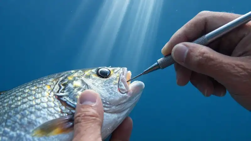 Hands use tools to examine a detailed fish scale