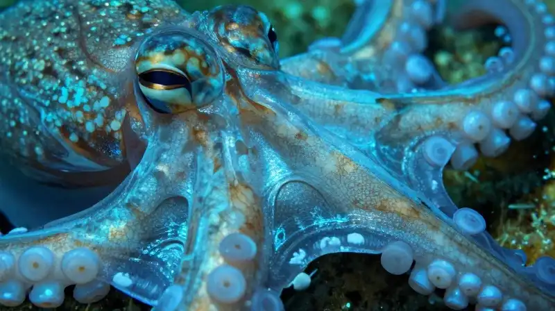 Pulsating skin patterns shift across a translucent octopus mantle