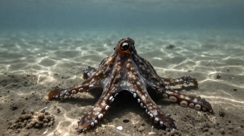 A mimic octopus blends into the murky, silty seabed