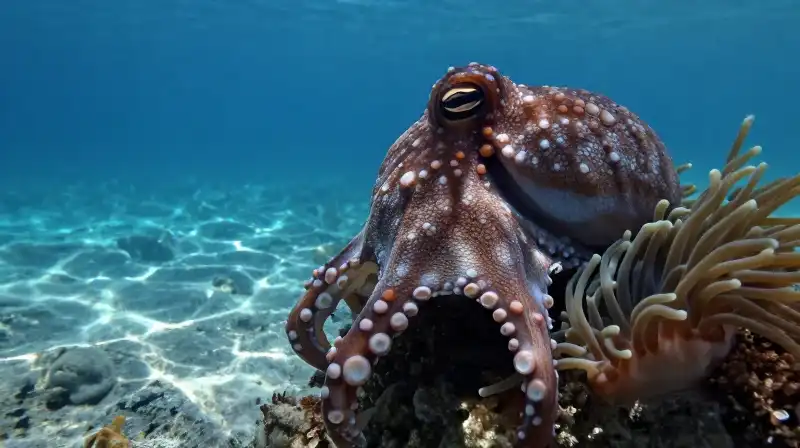 A mimic octopus changes texture among swaying sea anemones
