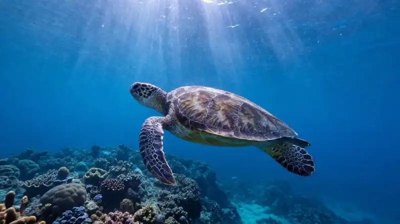 A majestic sea turtle swims through a vibrant coral reef