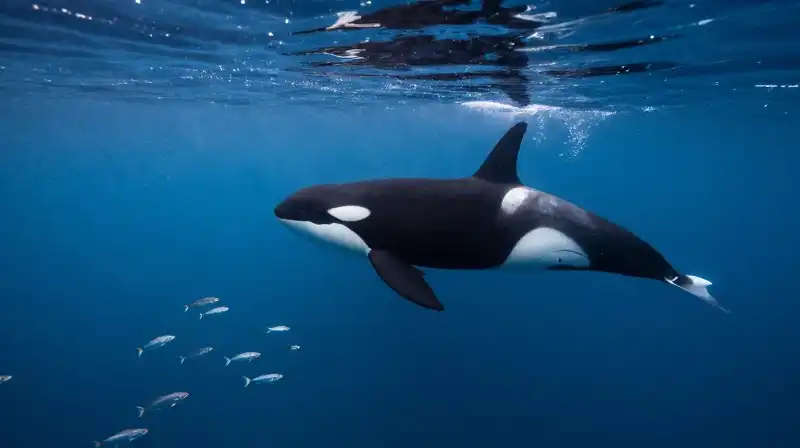 A majestic orca swims peacefully among schools of silver fish