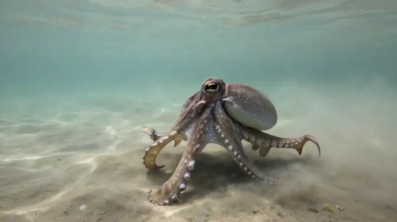 A mimic octopus swims through murky, silty estuary waters