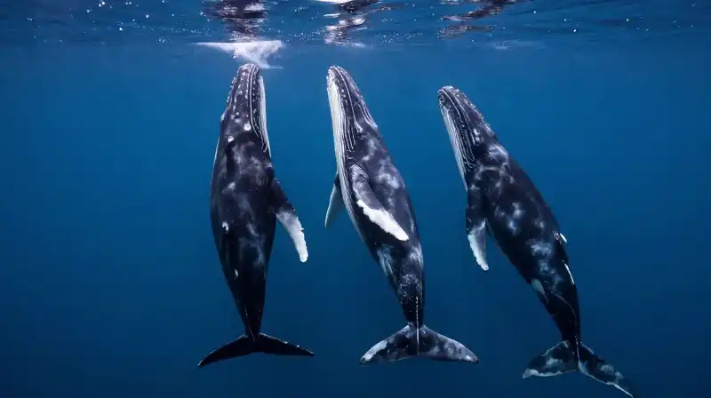 Three minke whales swim together through sunlit deep blue water