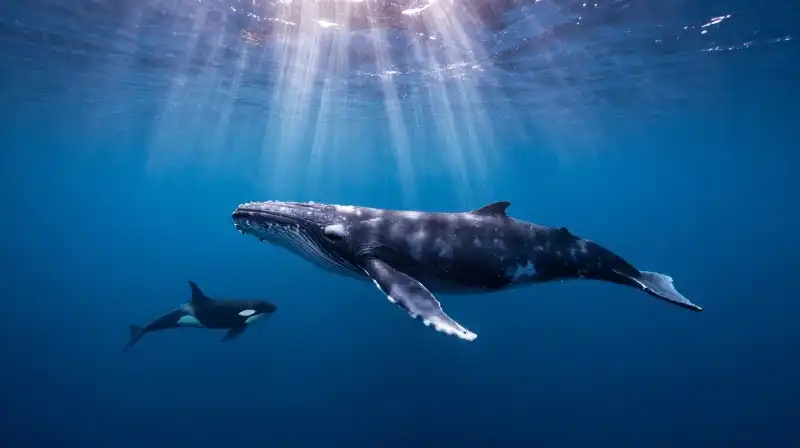 A minke whale swims gracefully near a distant orca silhouette