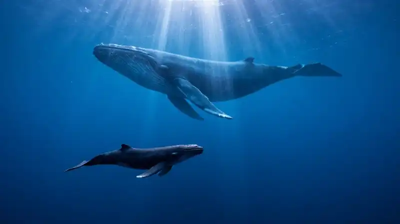A small whale silhouette swims before a massive shadow