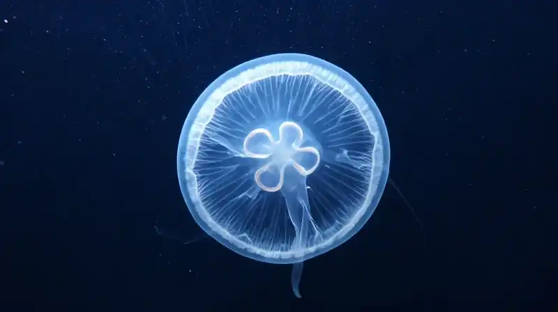 A translucent jellyfish floats through shimmering, deep blue water