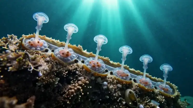 A jellyfish transitions from tiny polyp to swimming medusa