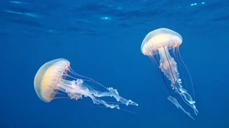 Jellyfish swim through sun-dappled, deep blue ocean waters
