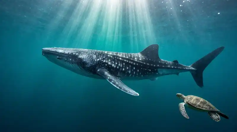 Giant marine creatures swim through a deep, teal abyss