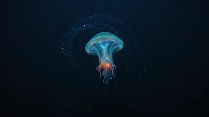 Glowing sea creatures drift through a dark, mysterious abyss