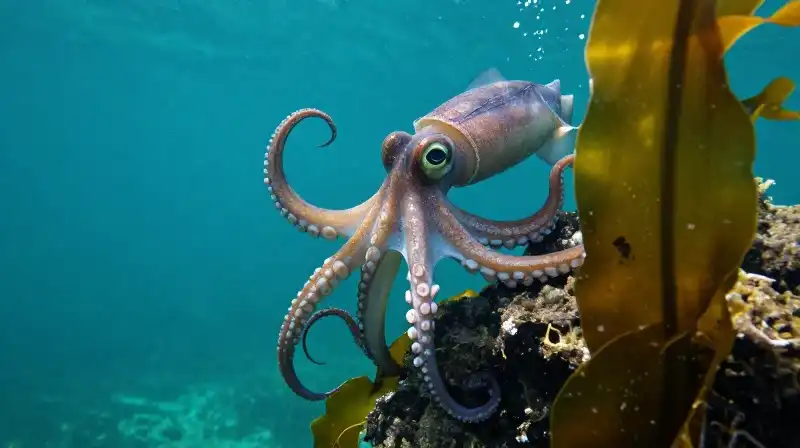 An octopus and squid swim among rocky kelp forests